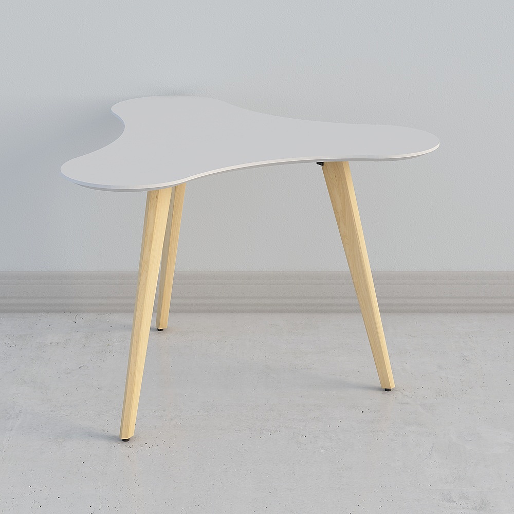 Modern white kidney shaped table with light wood legs on grey background