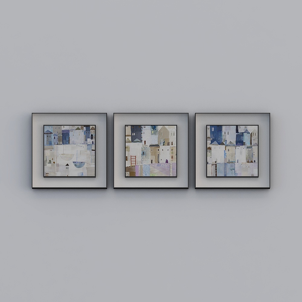 Set of three framed abstract city art prints with blue and beige tones on grey background