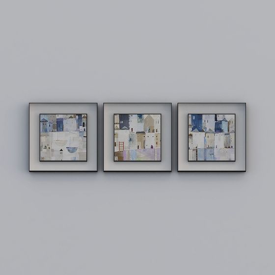 Set of three framed abstract city art prints with blue and beige tones on grey background