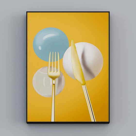 Elegant Golden Cutlery 3D model on Vibrant Yellow Background