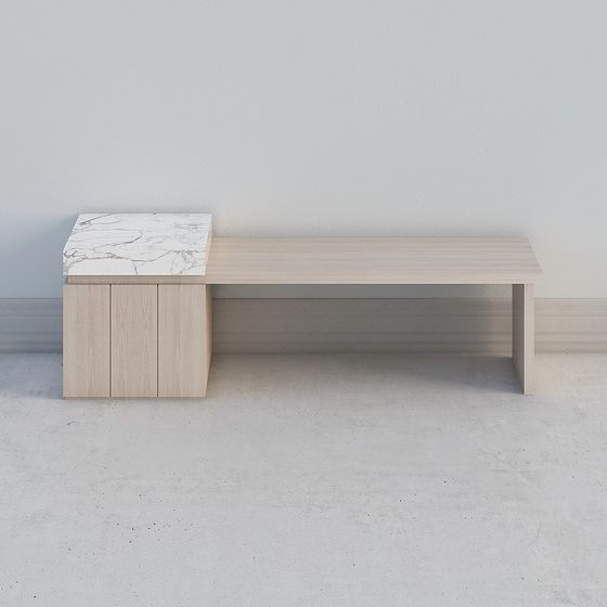 Modern light wood bench with white marble top and cabinet storage on grey background