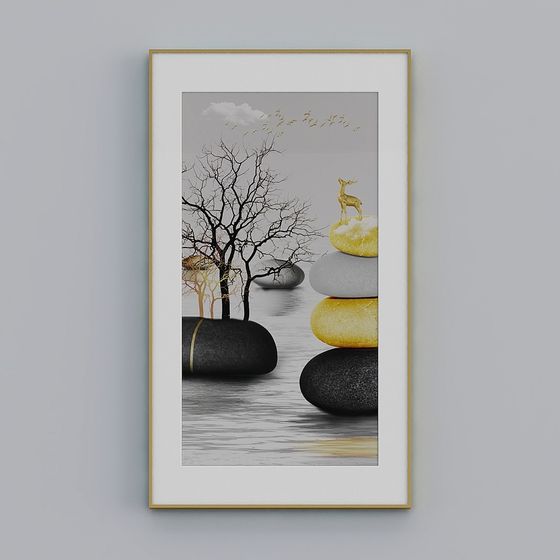 Serene Lakeside 3D Model with Dry Tree and Golden Deer