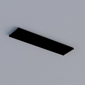 Black rectangular metal trim piece with one serrated edge on grey background