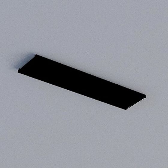 Black rectangular metal trim piece with one serrated edge on grey background