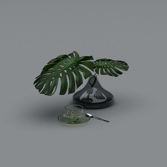 Tropical Green Plants and Glass Teapot 3D model