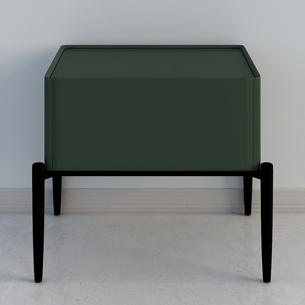 Modern dark green cabinet with black wooden legs and flat top on white background