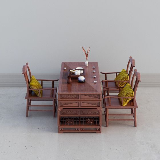 Elegant Chinese Tea Table and Chairs 3D model
