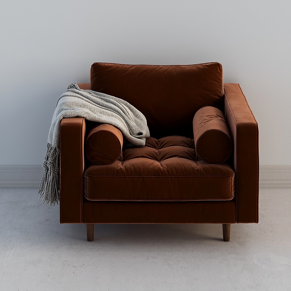Brown leather armchair with round pillows and grey blanket on white background