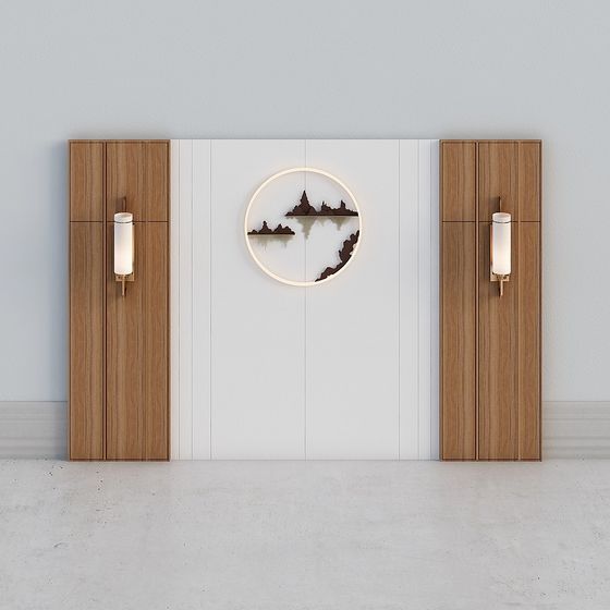 Minimalist Wooden Cabinet and Circular Light 3D model
