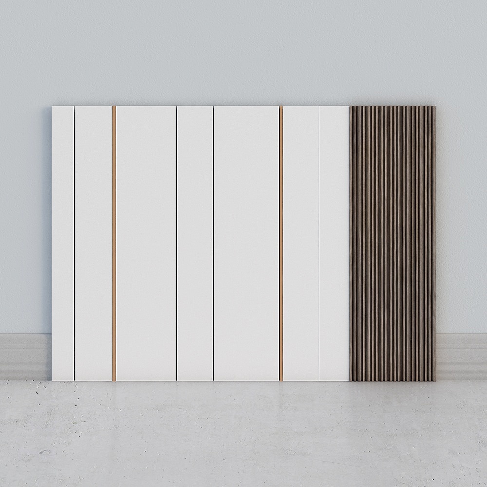 Modern white wall panel with wood accents and dark slat section on grey background