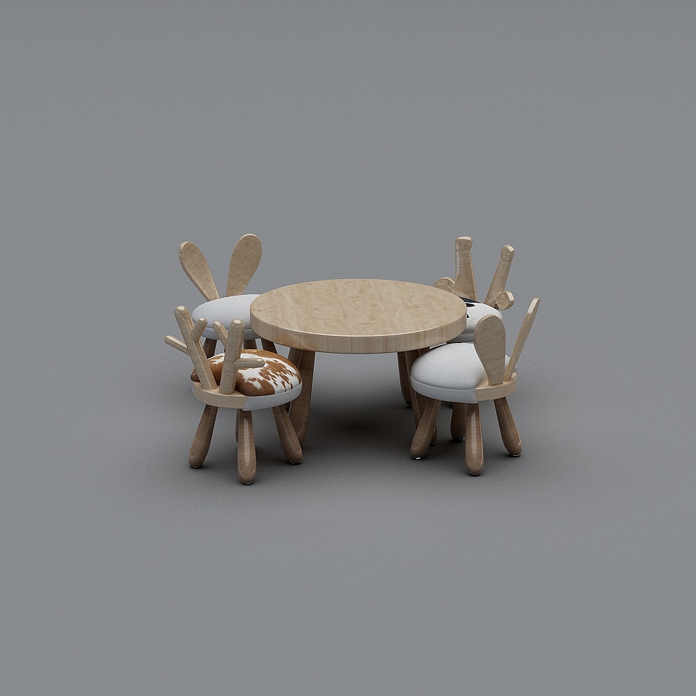 Round light wood table with four animal shaped stools on grey background