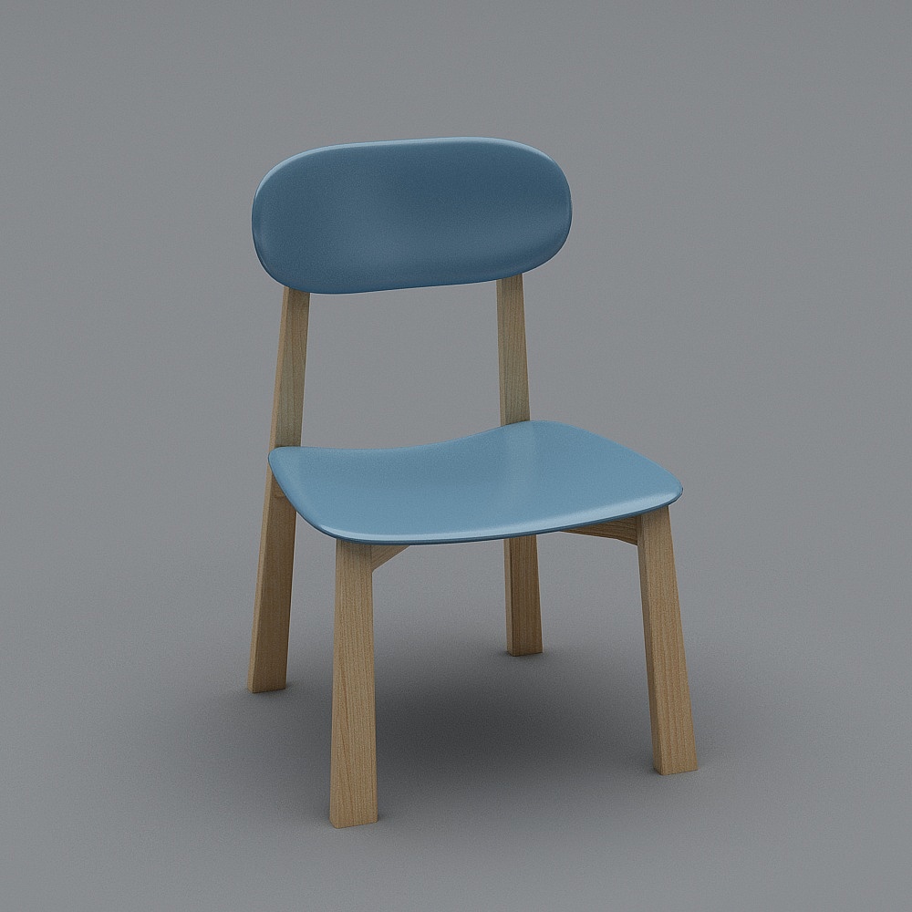 Modern light blue plastic chair with natural wood legs on grey background