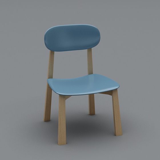 Modern light blue plastic chair with natural wood legs on grey background