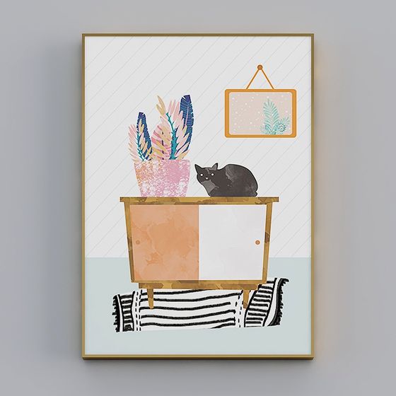 Art Wall with Cat and Green Plants 3D model