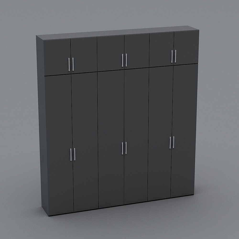 Modern dark grey storage cabinet with silver handles and upper compartments on grey background