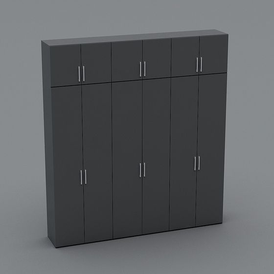 Modern dark grey storage cabinet with silver handles and upper compartments on grey background
