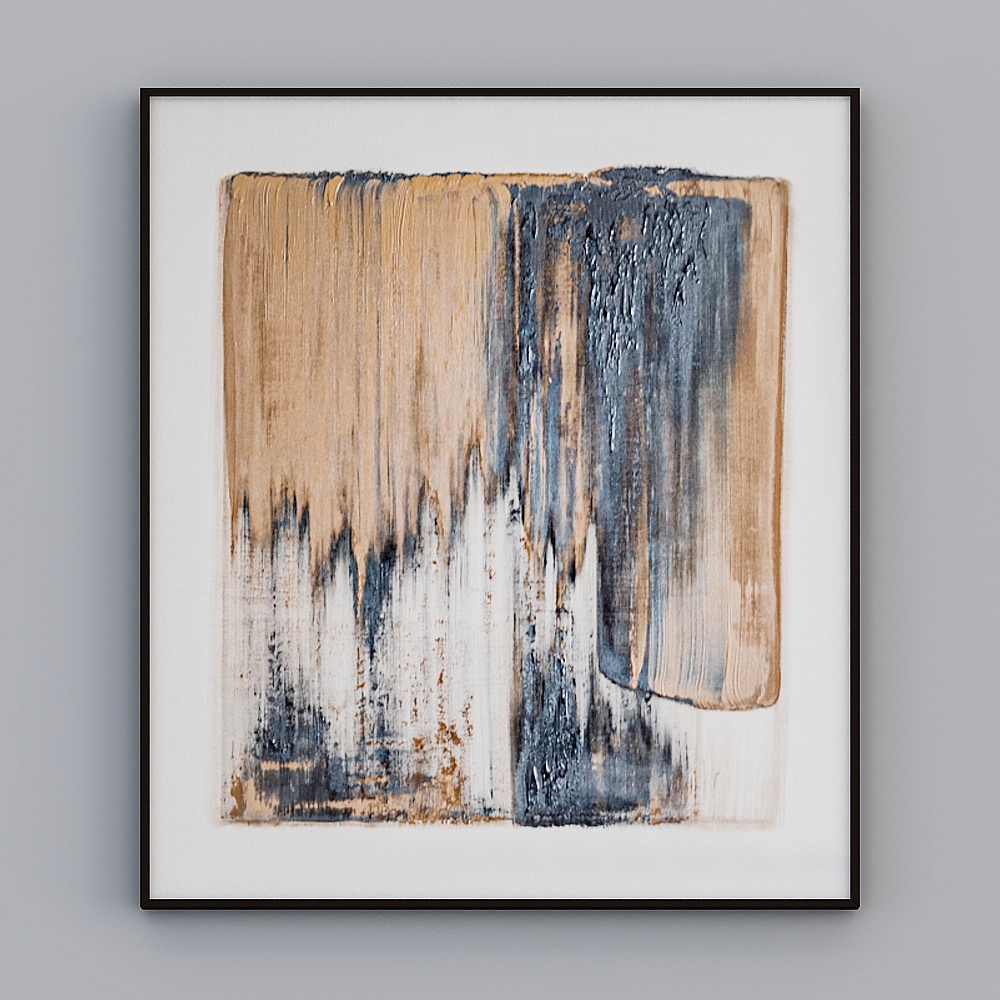 Abstract art print with blue beige and white brush strokes in black frame on grey background