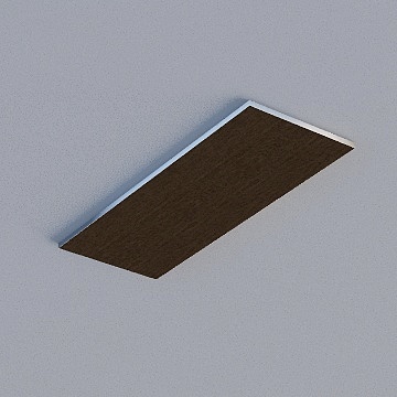 Rectangular dark brown wood floor tile with silver metal edge on grey background