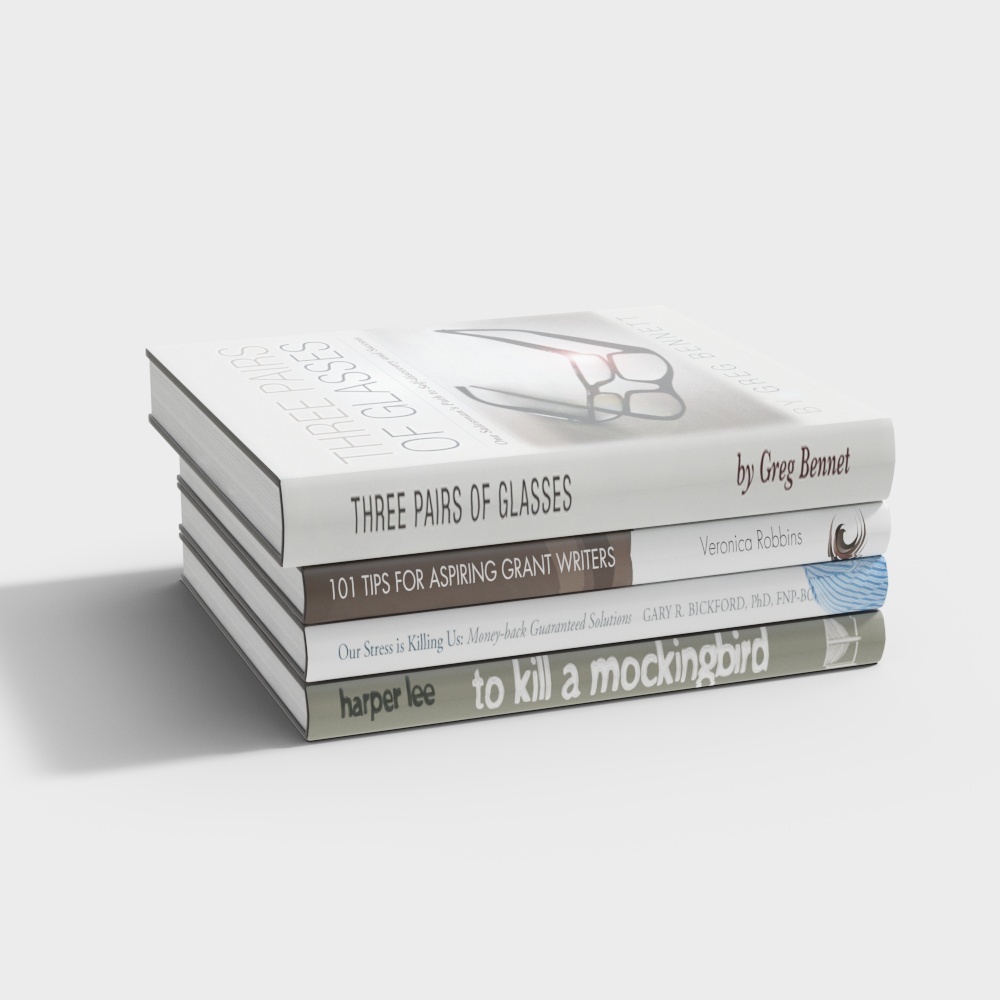 Stack of four paperback books with visible titles and authors on white background