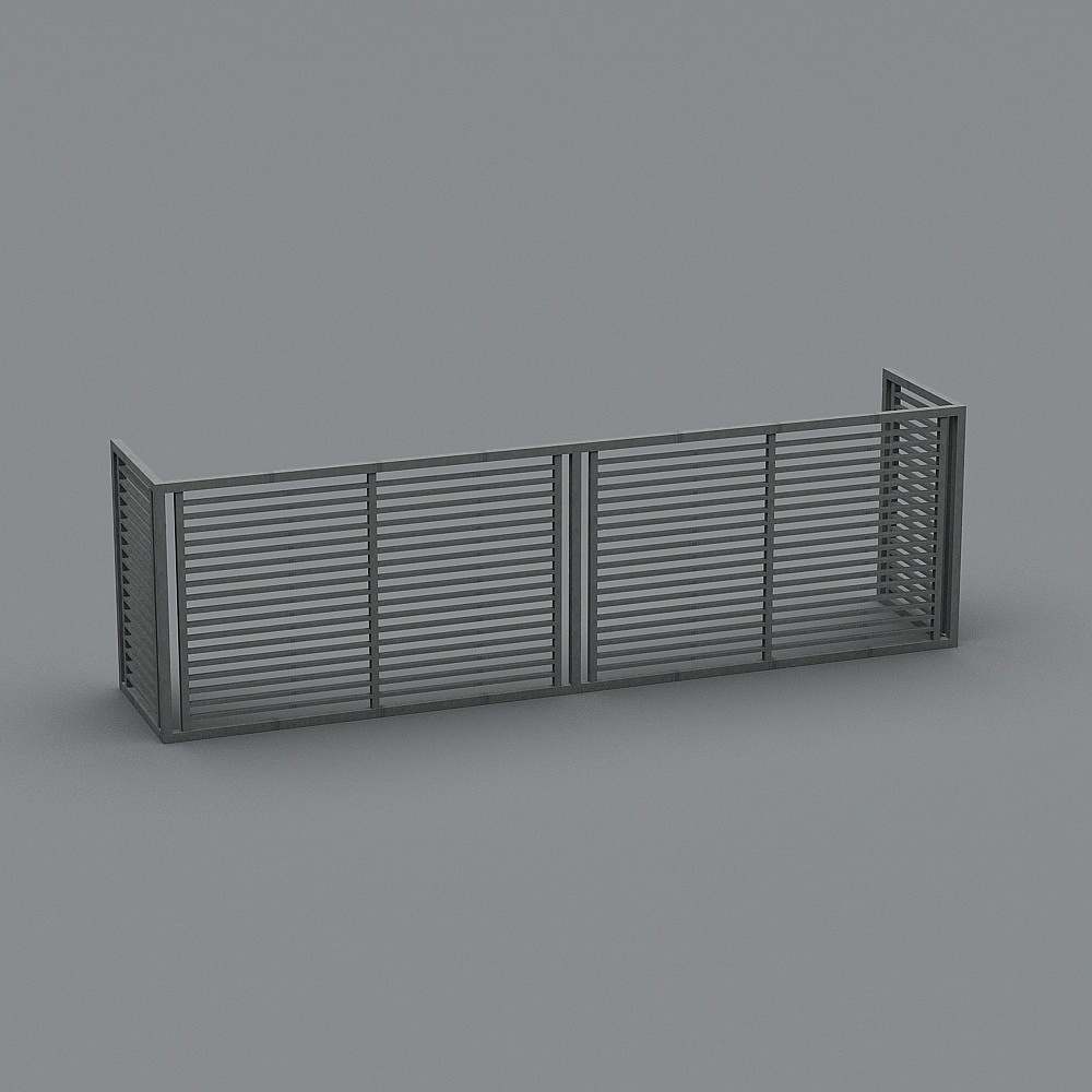 Modern grey metal outdoor fence with horizontal slats and corner posts on grey background