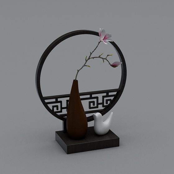 Eastern Vase and Bird Art Combination 3D model