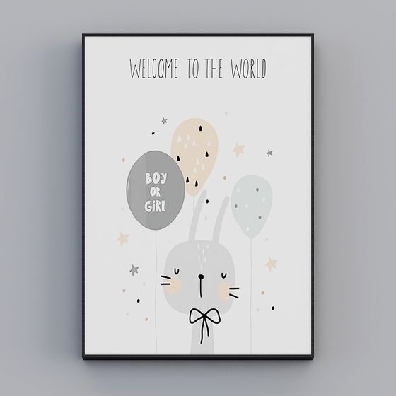 Framed baby gender reveal poster with rabbit and balloons on grey background