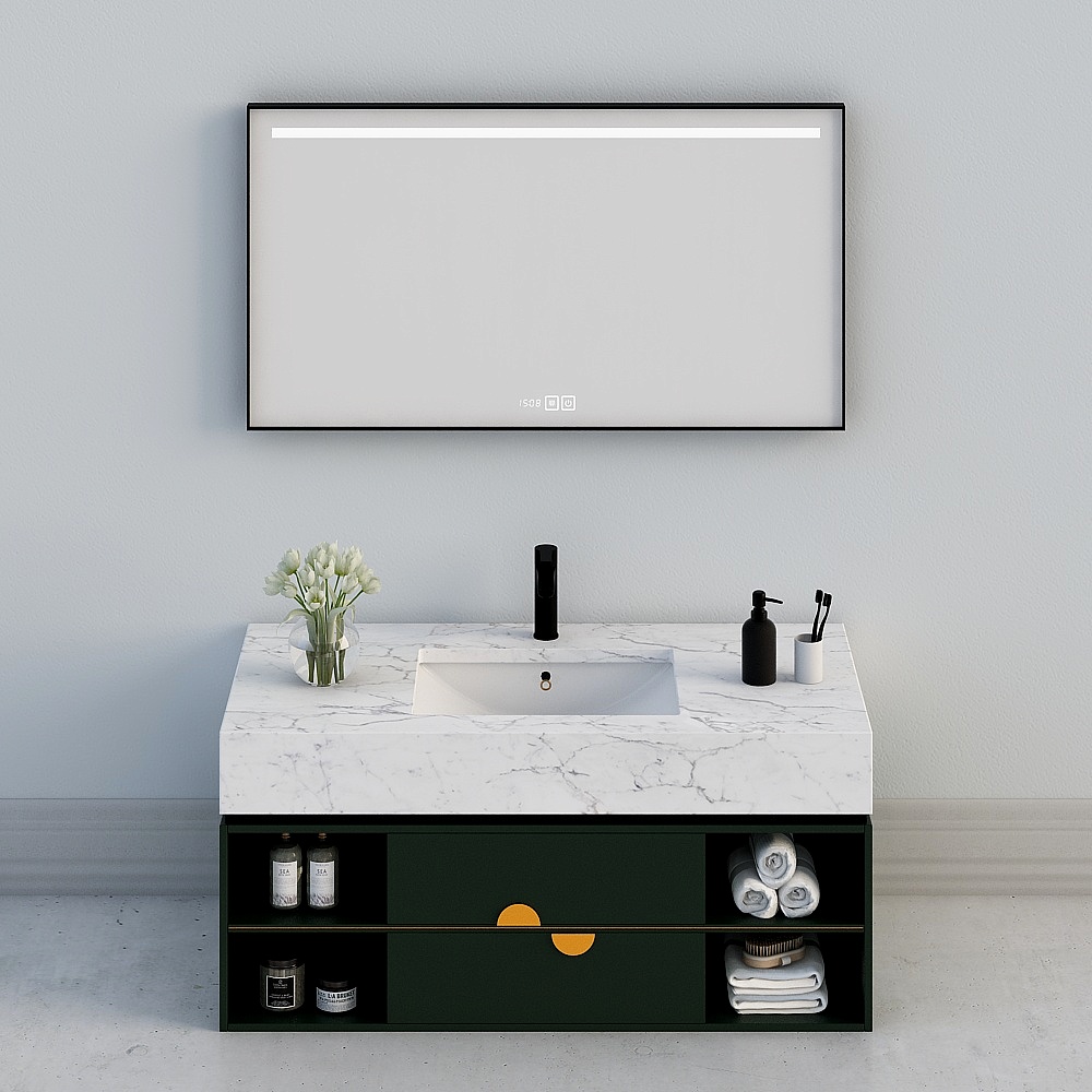 Nordic light luxury basin bathroom cabinet - square mirror