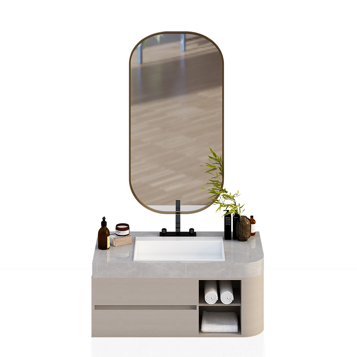 Modern Minimalist Bathroom Cabinet 3D Model – Marble & Wood