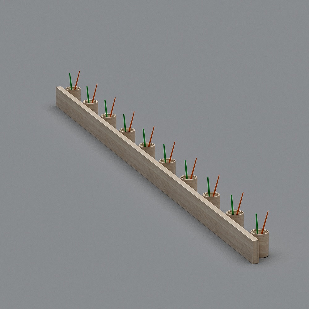 Modern wooden pencil holder with ten cylindrical cups on grey background