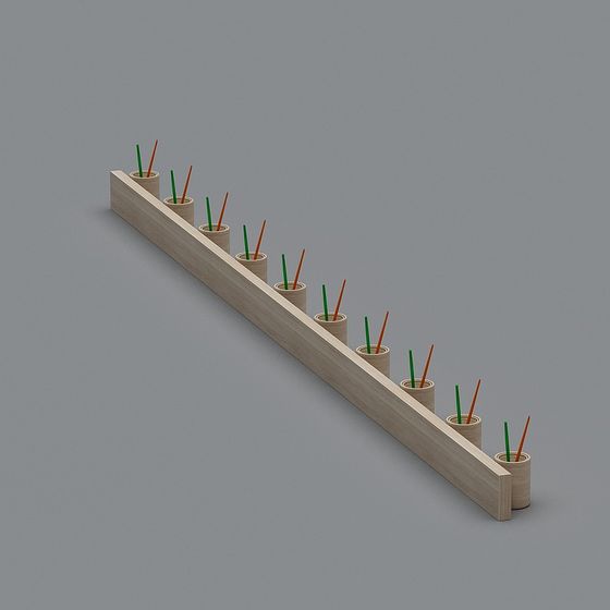 Modern wooden pencil holder with ten cylindrical cups on grey background
