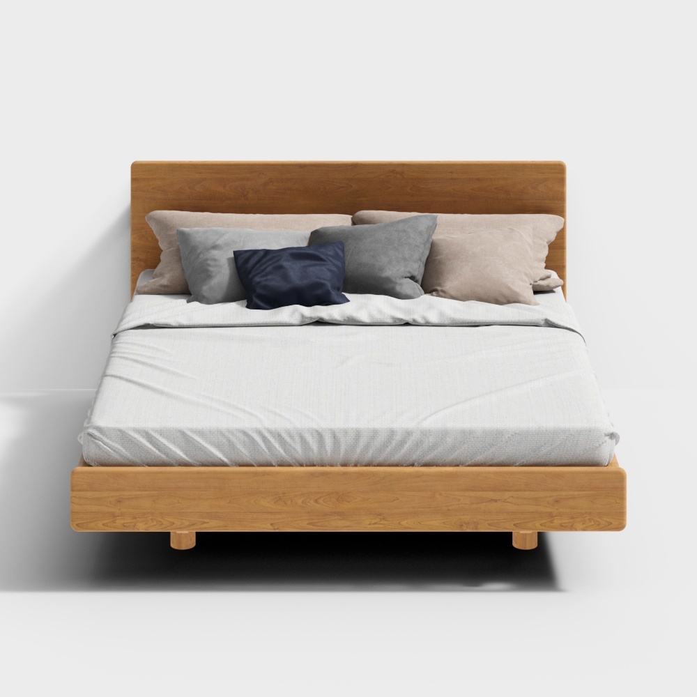 Modern light brown wooden platform bed with white bedding and grey pillows on white background