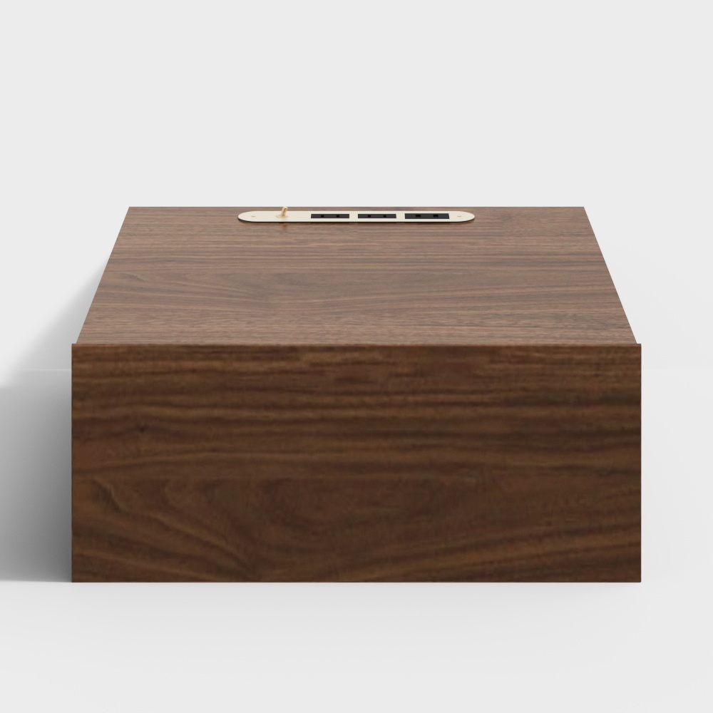 Modern dark brown wood side table with gold power outlet on white background