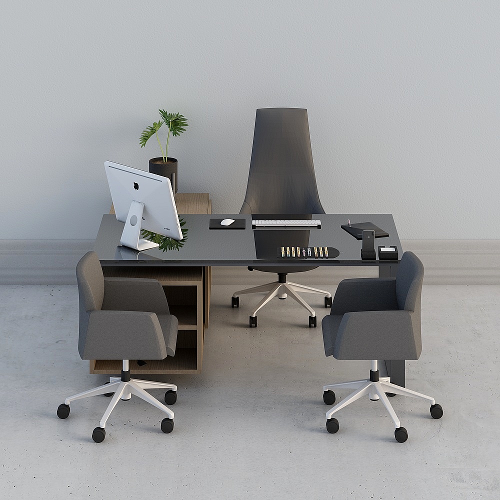 Modern black desk with grey chairs and computer on light grey background