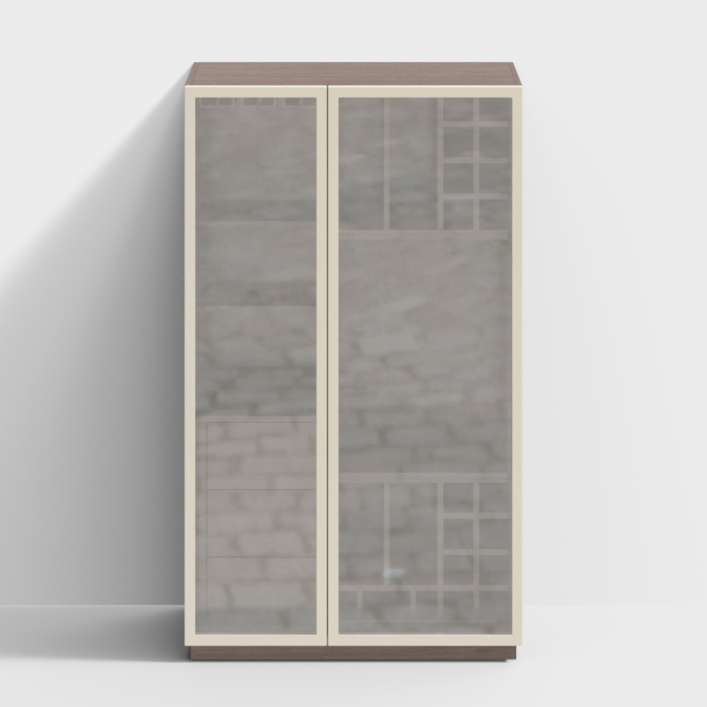 Modern tall beige cabinet with glass doors and wooden top on white background