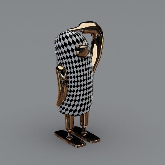 Modern decorative penguin statue with black and white checkered body on grey background