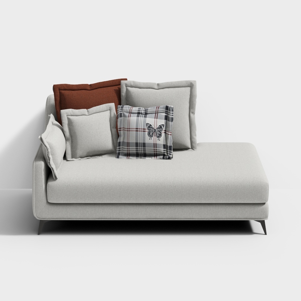 Light grey fabric sofa with brown and plaid pillows on white background