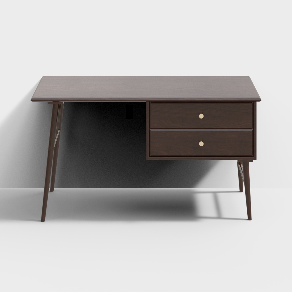 Mid-Century Modern Desk 3D Model – Wood & Gold Design