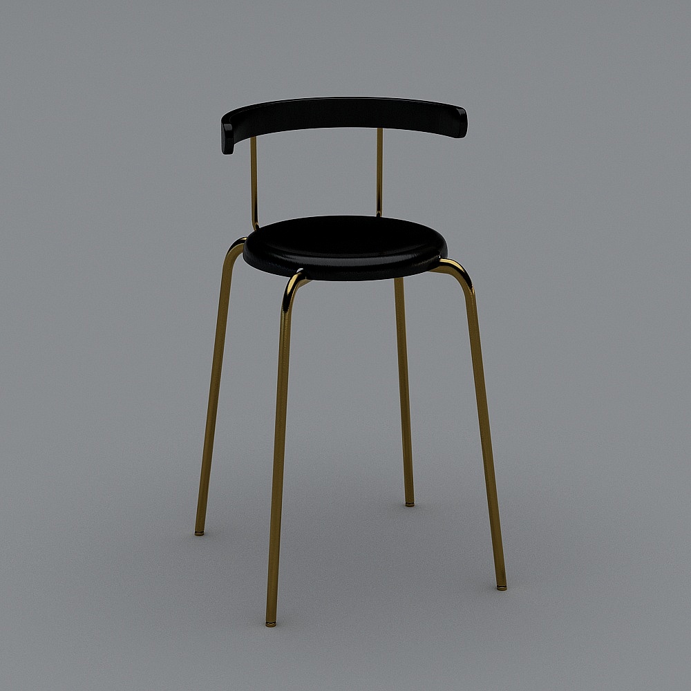 Modern black chair with curved backrest and gold metal legs on grey background