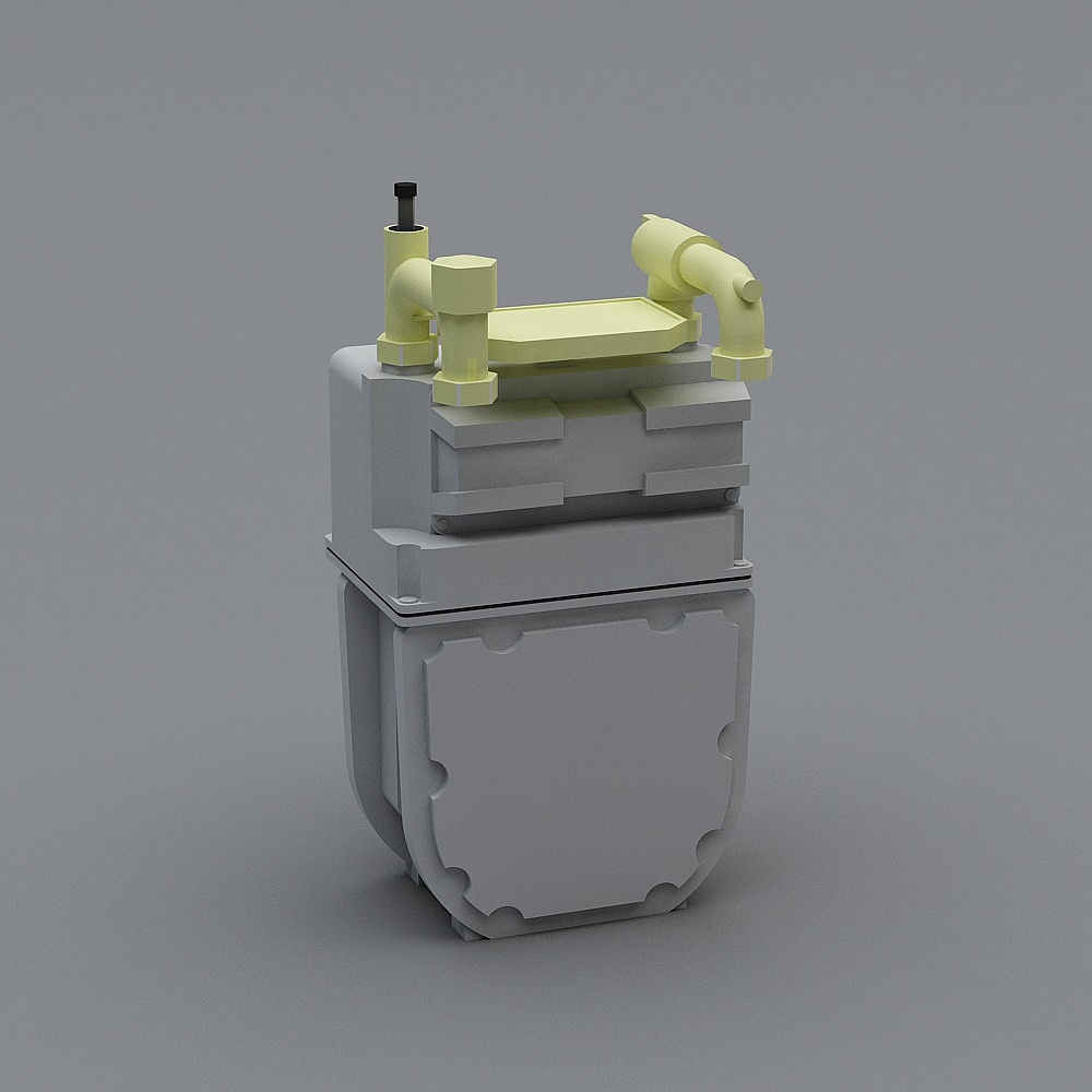 Grey industrial machine part with yellow pipes and black rod on grey background