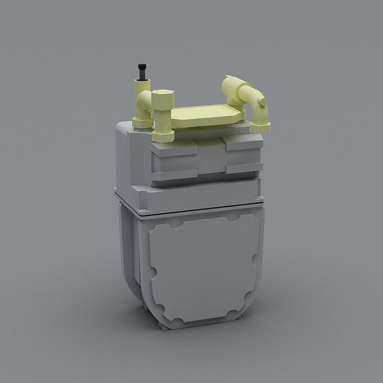 Grey industrial machine part with yellow pipes and black rod on grey background