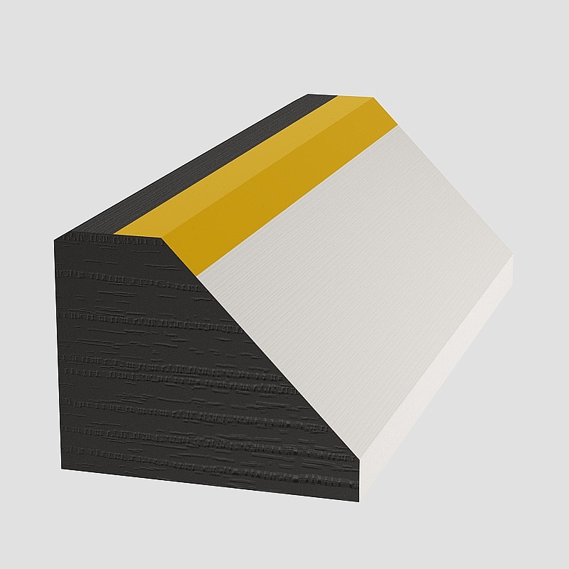 Modern wall panel with black wood surface and yellow stripe detail on grey background