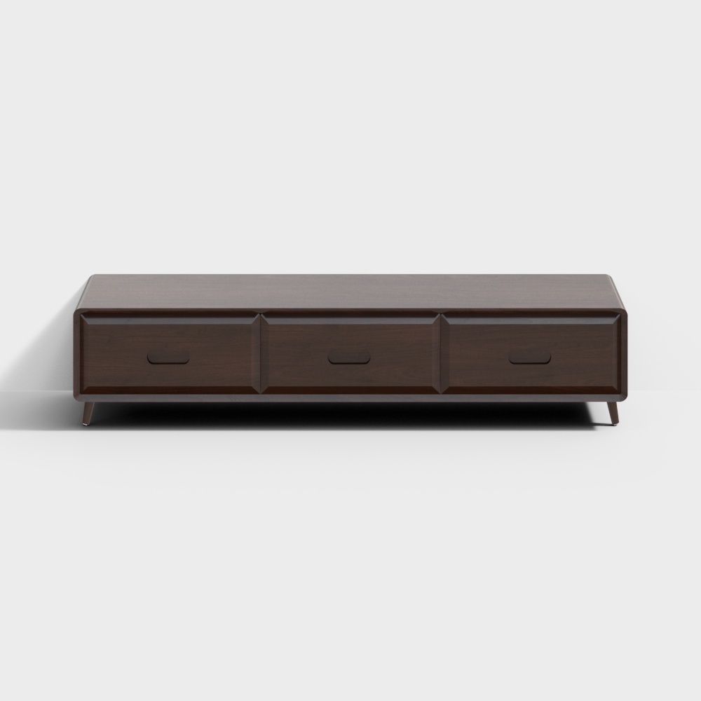Modern dark brown wooden media cabinet with three drawers and tapered legs on white background