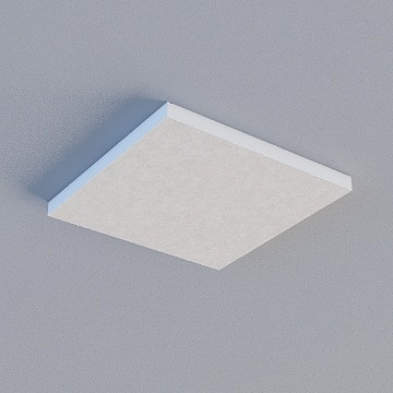 Square white ceiling light fixture with textured surface and blue shadow on grey background
