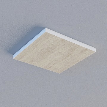 Square ceiling light with beige wood surface and white frame on grey background