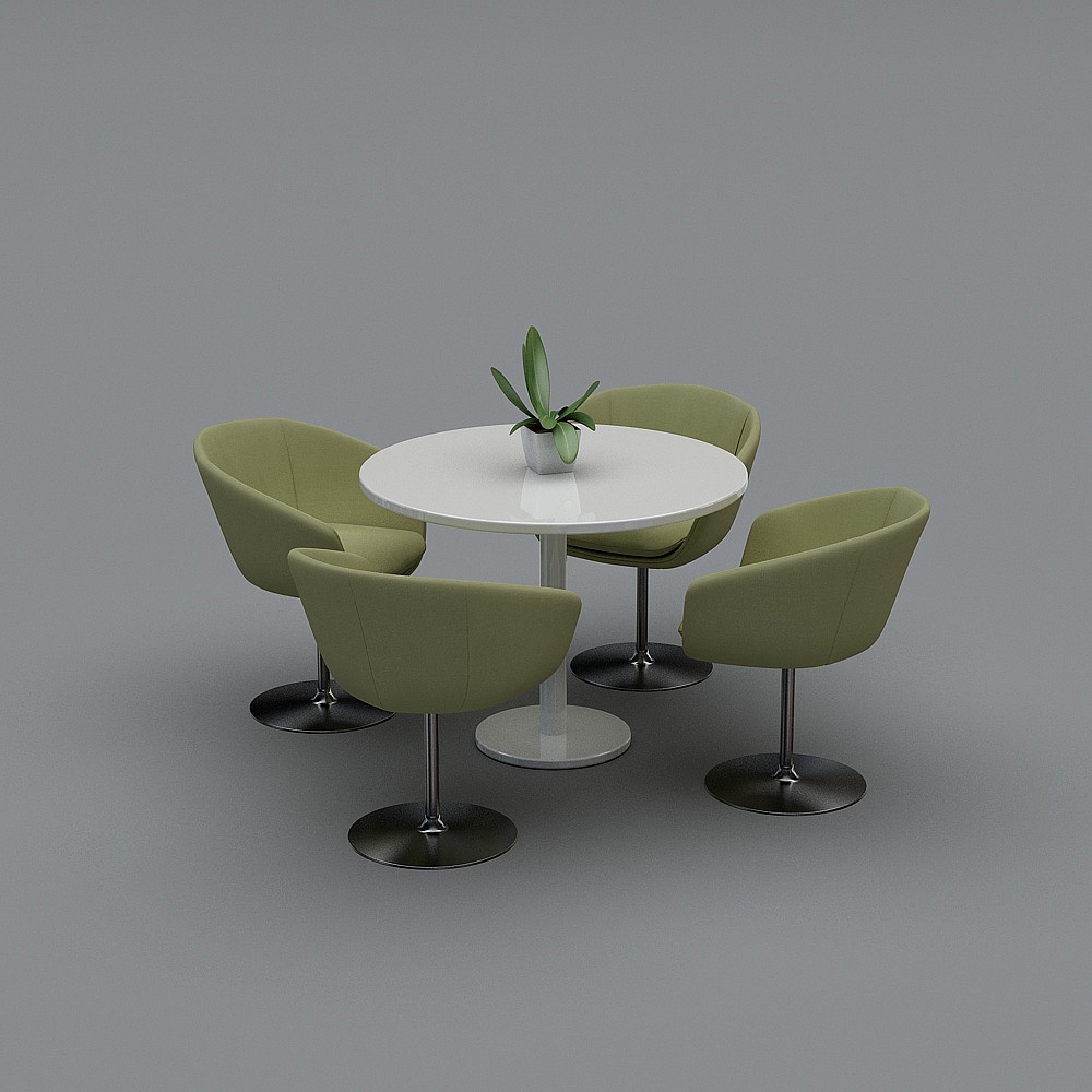 Round white dining table with four green chairs and small plant on grey background