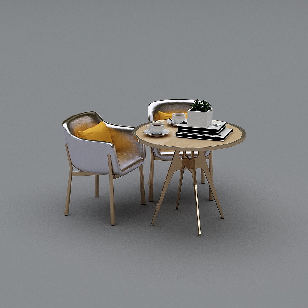 Modern light wood round table with two white chairs on grey background
