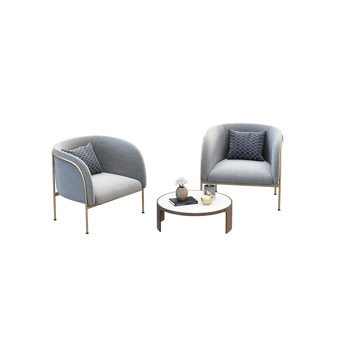 Urban Living Room Sofa 3D Model – Gray Fabric & Gold Frame