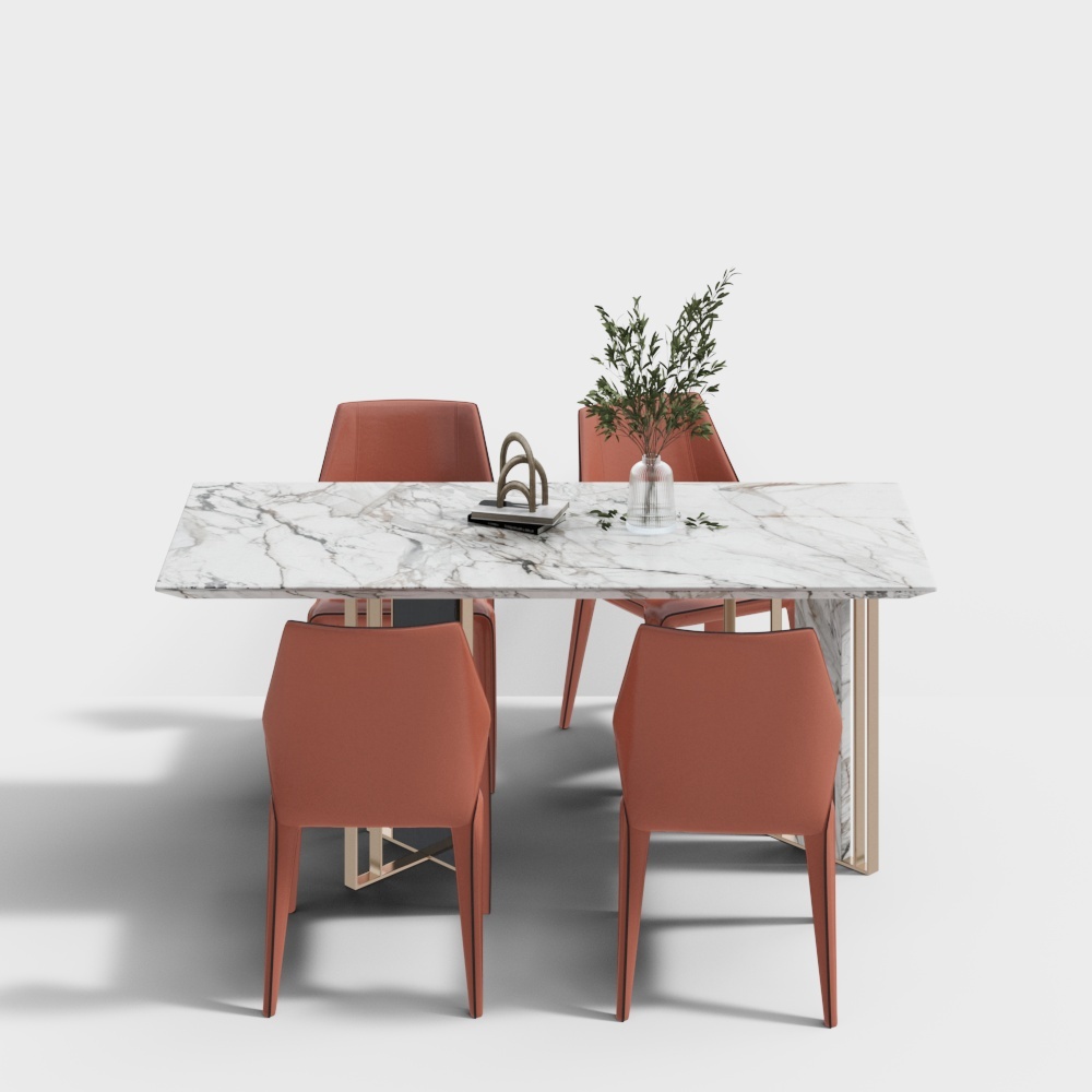 Marble Dining Table with Orange Chairs – Low Poly Set