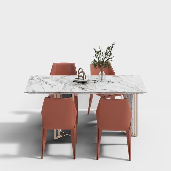 Marble Dining Table with Orange Chairs 3D model