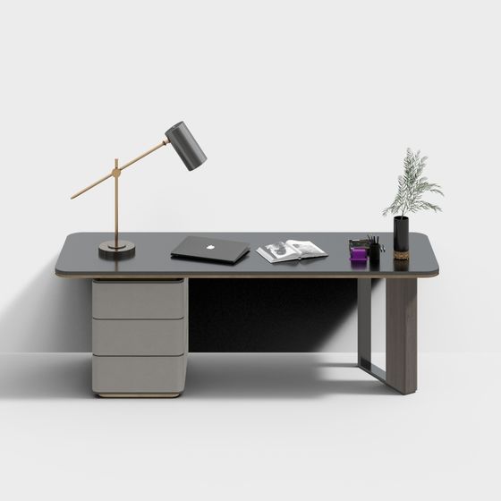 Modern Minimalist Study Desk 3D Model in Black and Gray